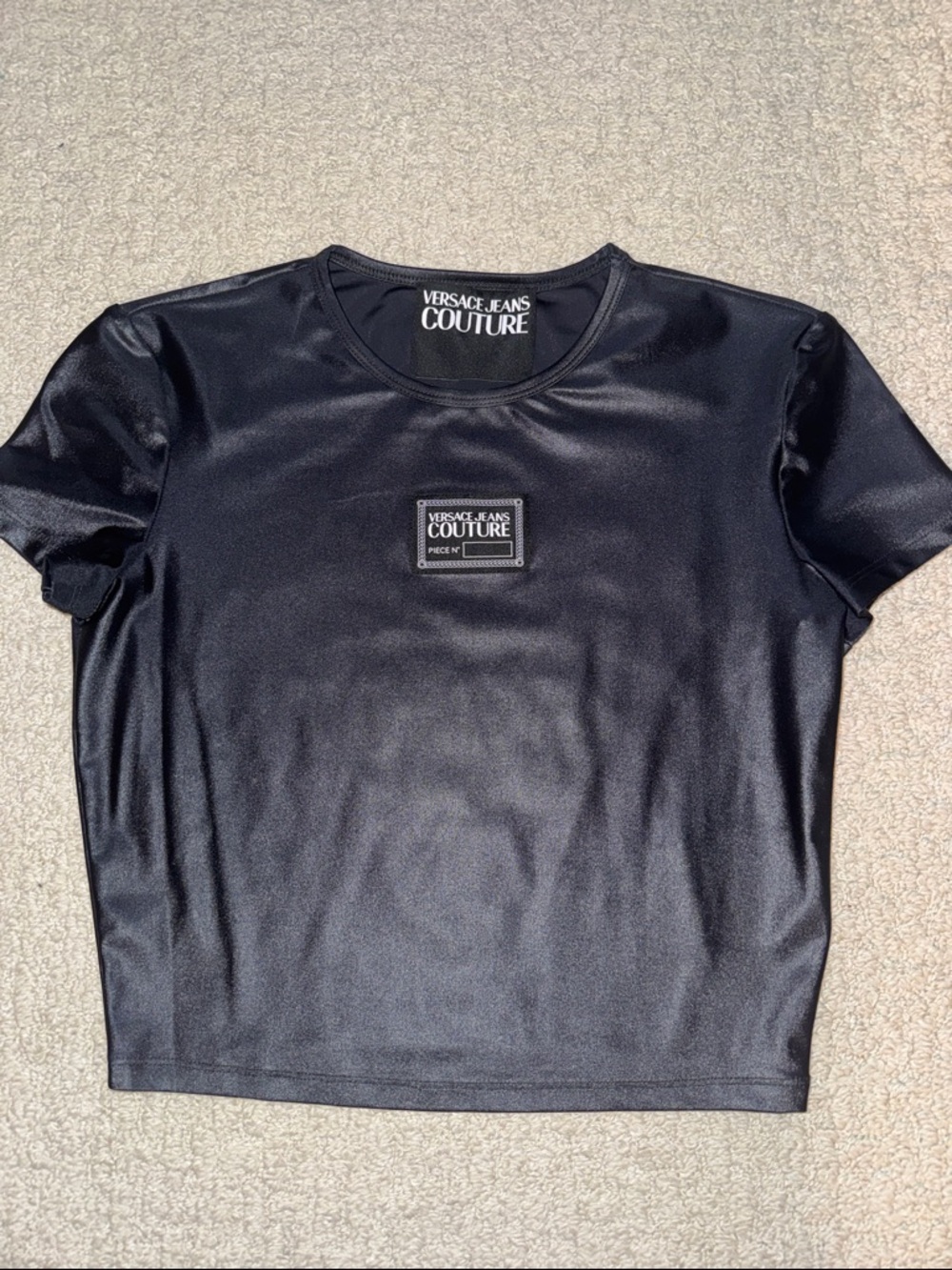 Versace Jeans Collection Black Satin-Look Crew Tee with Logo Patch
Cropped